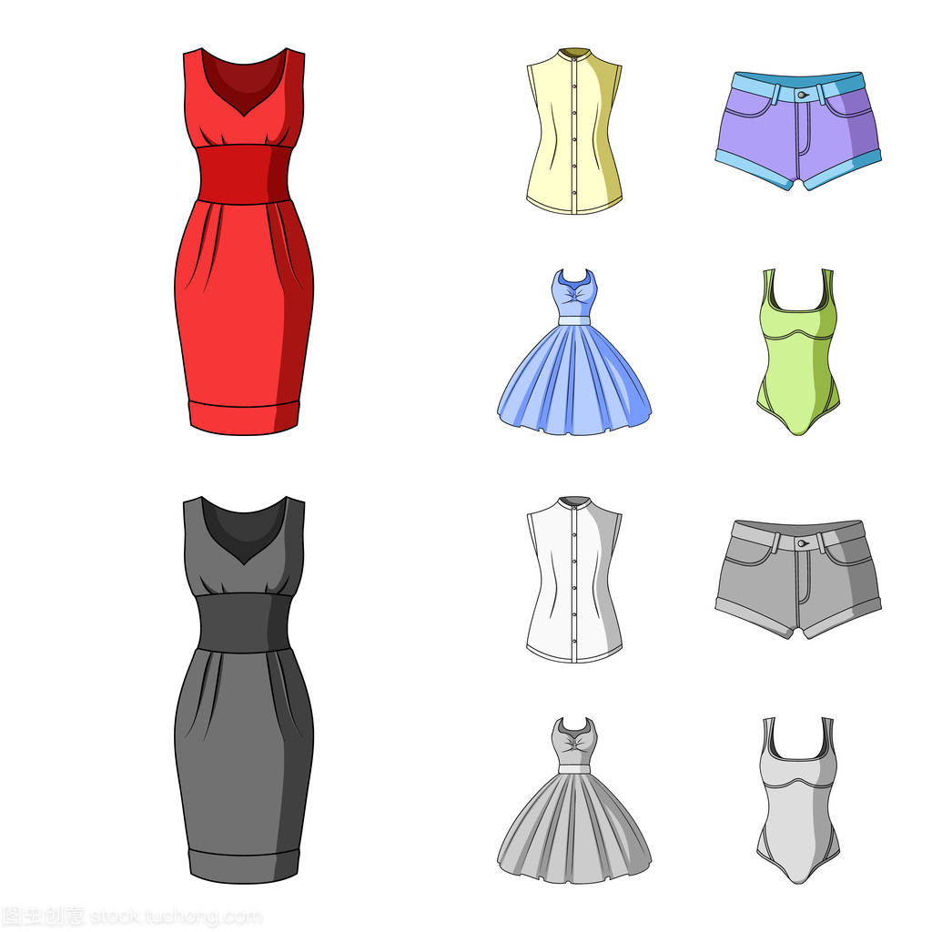 女装卡通, 单色图标在集合中进行设计。服装品种及配件矢量符号股票 web 插图